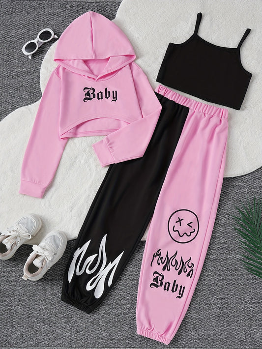 Color Clash 3pcs Girls casual outdoor clothing Set, Long Sleeve Crop Hoodie Top + Camisole + Trousers - Spring/Fall Clothes, Casual Outfit, Gift