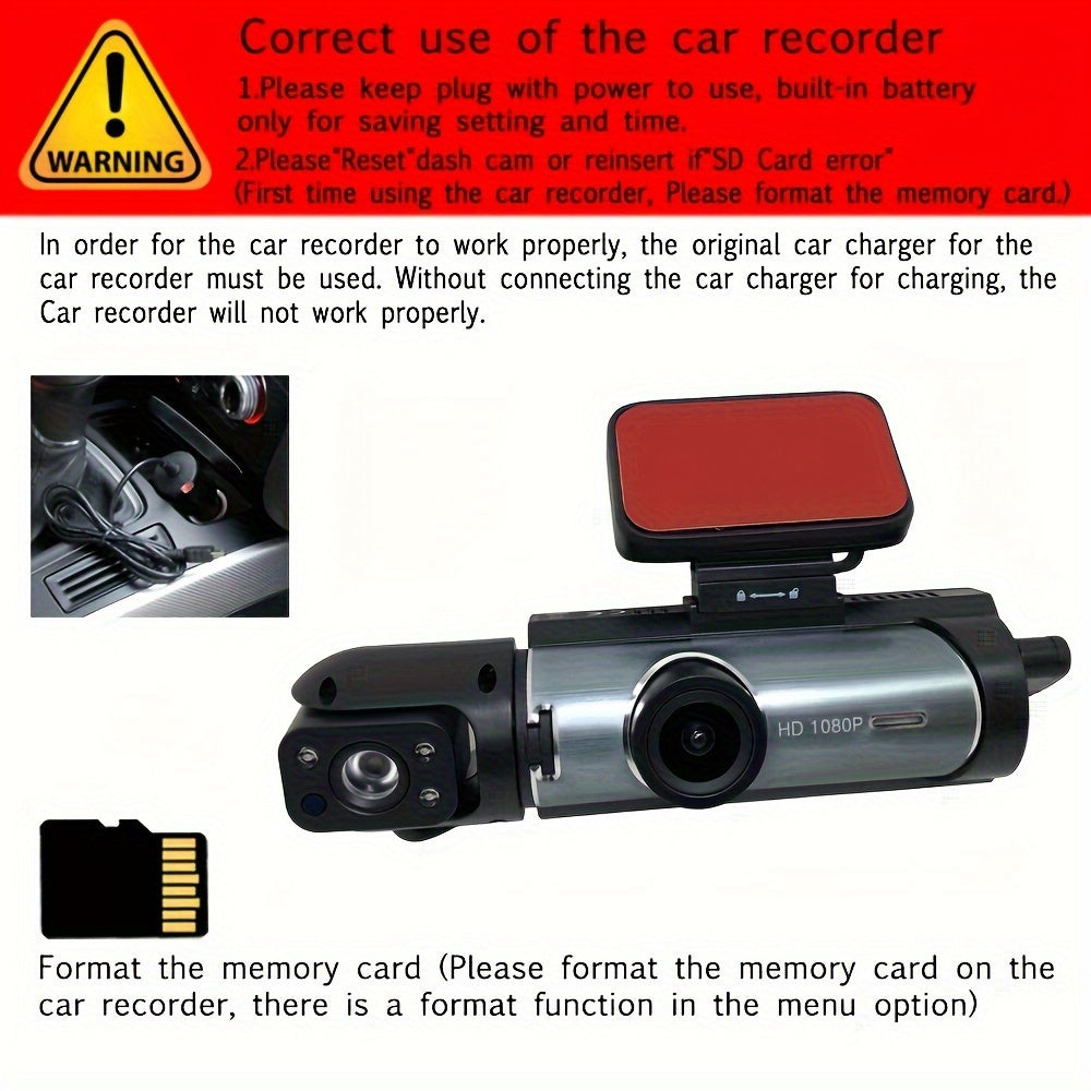 Ouyaaqii HD Dash Cam with 64GB High-Speed Memory Card, Fast Car Charger Bundle, 1080P Night Vision, Alloy Sun-Proof Case, Front & Interior Dual Lens - Upgraded Security Camera