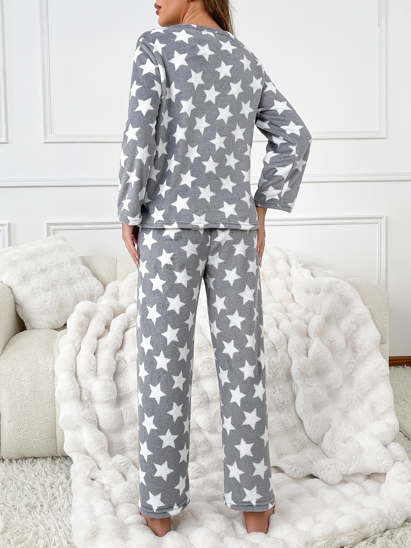 Women'S Polyester 100% Knit Pajama Sets - Casual Crew Neck Long Sleeve Top and Pants with Pattern Detail, Cozy Flannel Loungewear for Fall/Winter