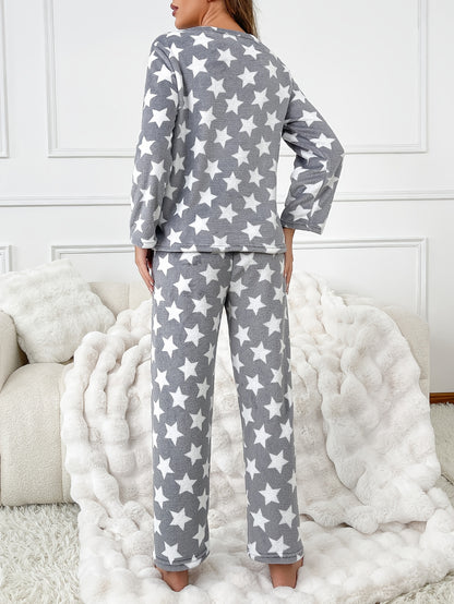 Women'S Polyester 100% Knit Pajama Sets - Casual Crew Neck Long Sleeve Top and Pants with Pattern Detail, Cozy Flannel Loungewear for Fall/Winter
