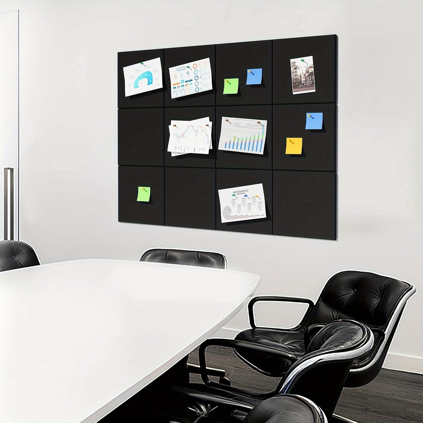 Tablero de corcho grande para pared (30 x 30 cm), color negro, 12 piezas de corcho con tachuelas, ideal para oficina, para clavar, para pared.