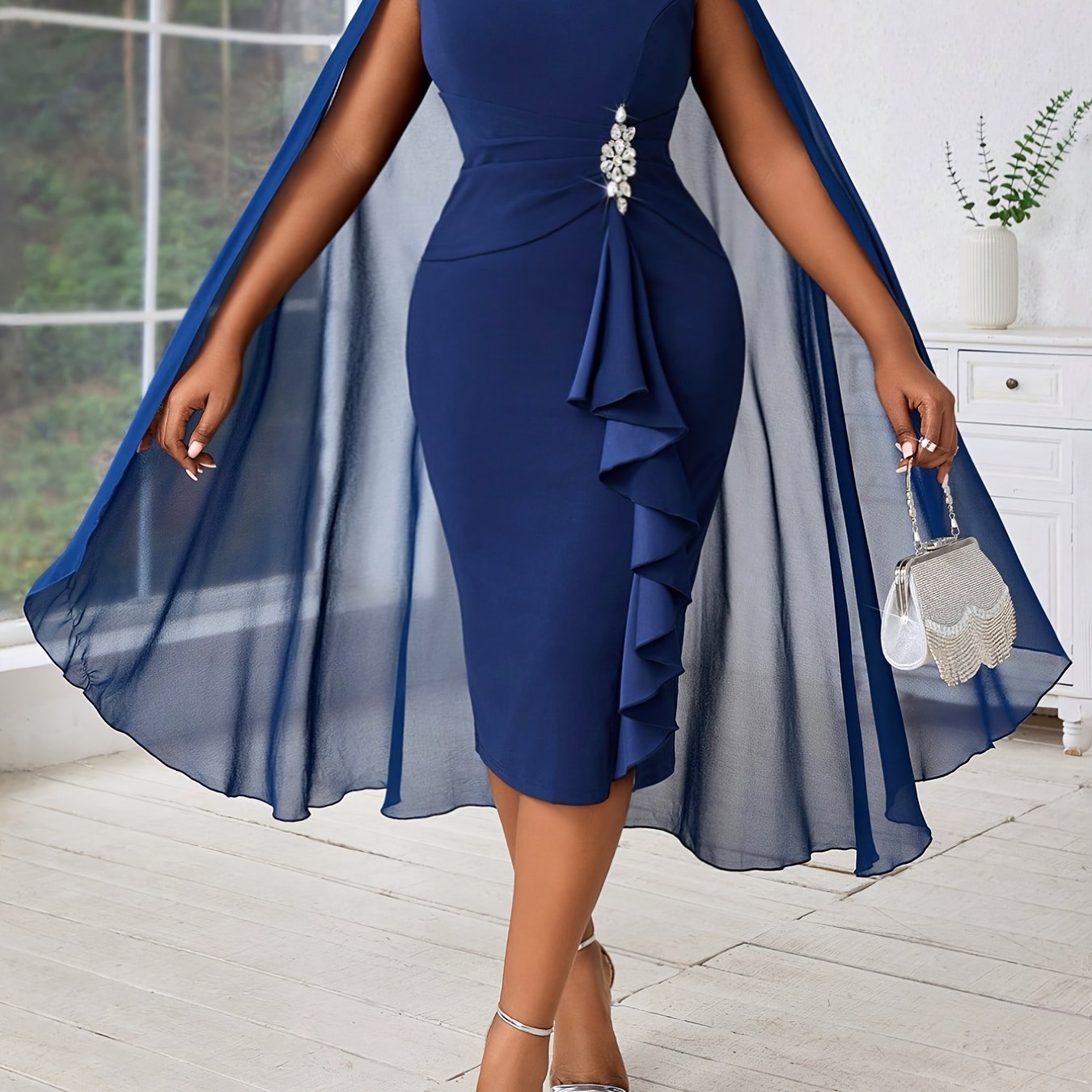 Plus Size, Women's Fashionable and Elegant Batwing Sleeve Mesh Splicing Plus Size Wrap Dress