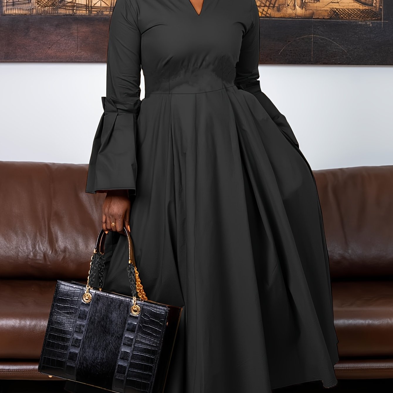 Plus Size Solid Color Dress, Elegant Flare Sleeve V Neck Dress For Spring & Fall, Women's Plus Size Clothing