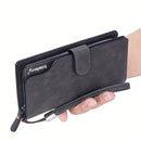 Slim Business Style Long PU Leather Wallet With Wrist Strap, Bi-fold Large Capacity Card Holder