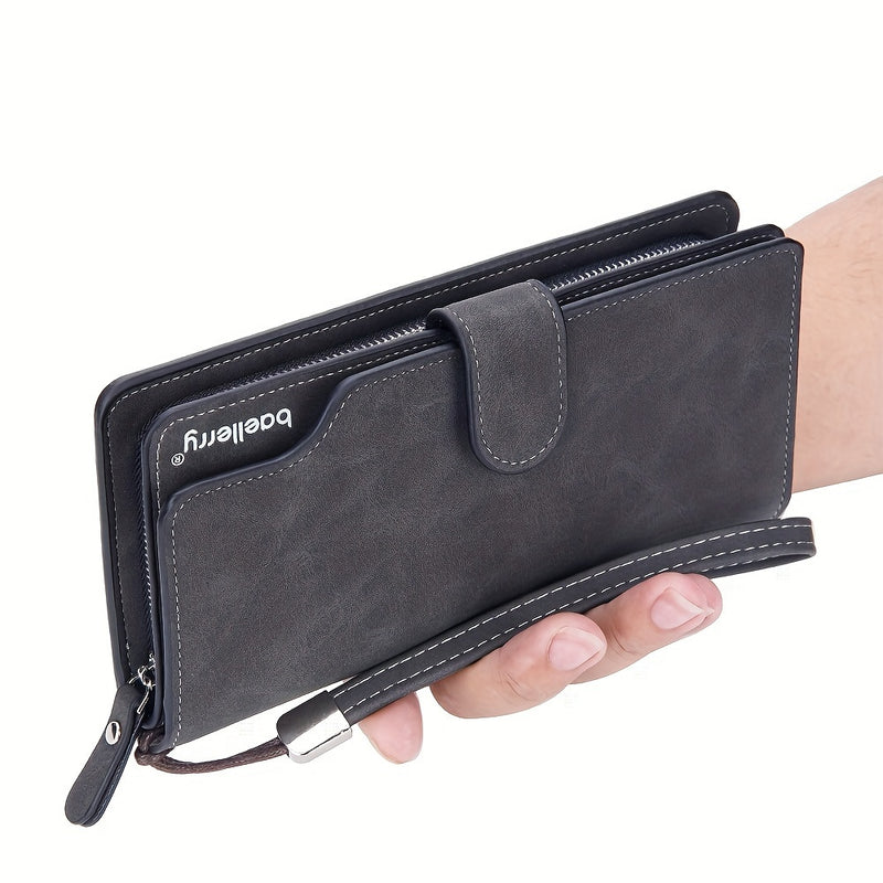 Slim Business Style Long PU Leather Wallet With Wrist Strap, Bi-fold Large Capacity Card Holder