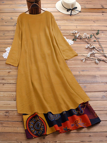 Plus Size 2-in-1 Graphic Print Dress, Casual Button Decor Crew Neck Long Sleeve Dress For Spring, Women's Plus Size Clothing