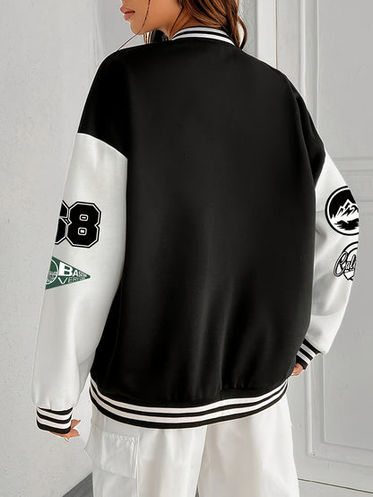 Chic Plus Size Women's Baseball Jacket - Casual Fall/Winter Coat with Letter Print, Button-Up Front, Machine Washable