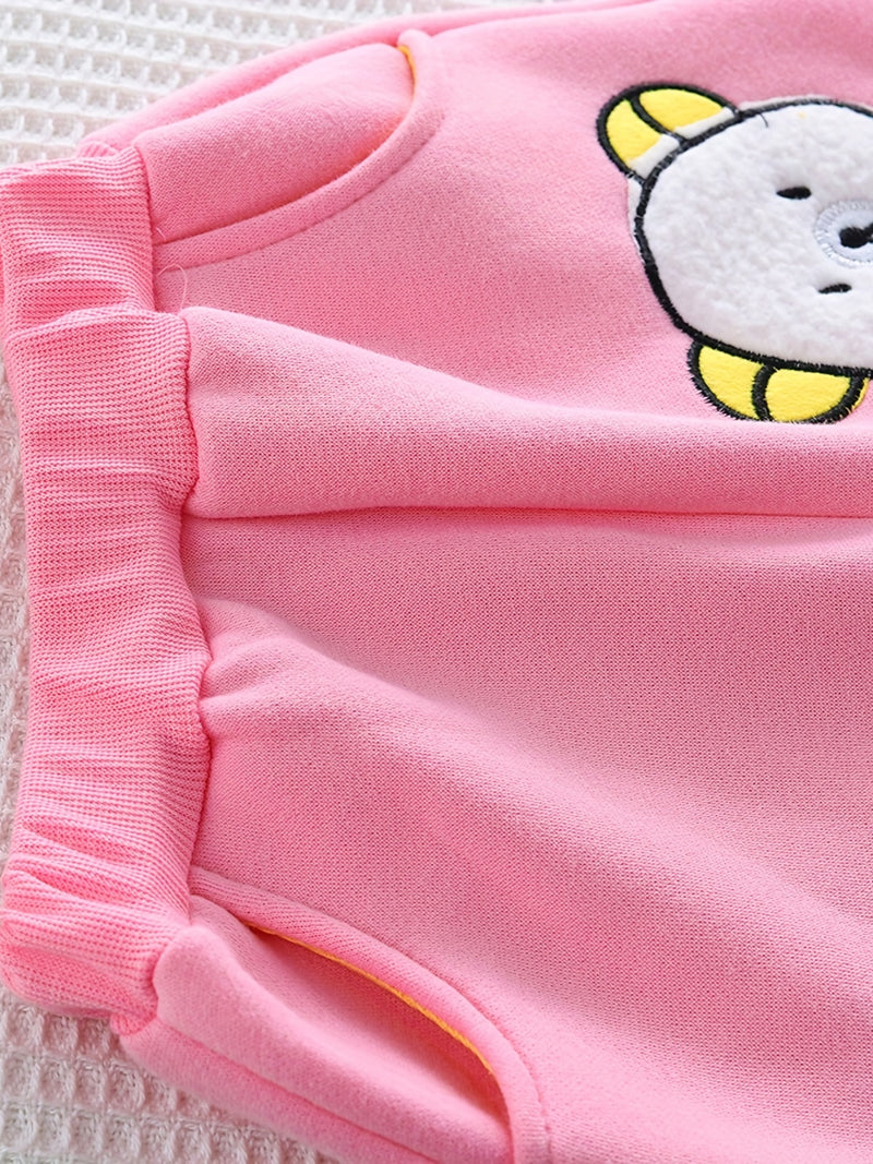 Conjunto de tres piezas de abrigo con capucha de terciopelo de doble cara para niñas pequeñas con dibujos de oso, sudadera y pantalones, para otoño e invierno, con gorro grueso y casual, para exteriores.