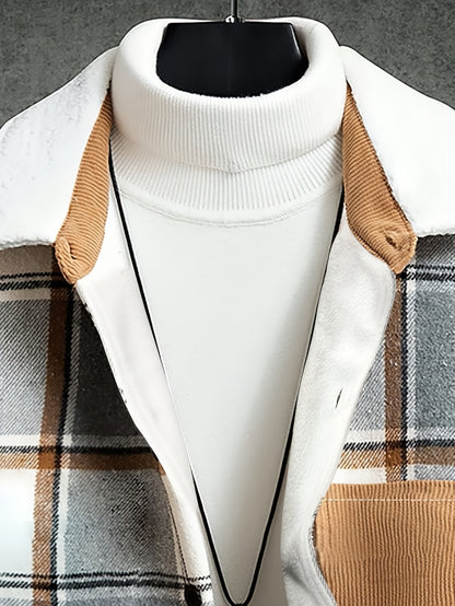 1pc Men'S Casual Plaid Fleece Jacket, Thickened Outerwear with Button Closure, Polyester Fabric, Non-Stretch, Regular Fit, Autumn/Winter Season, Solid Color Pocket Detail