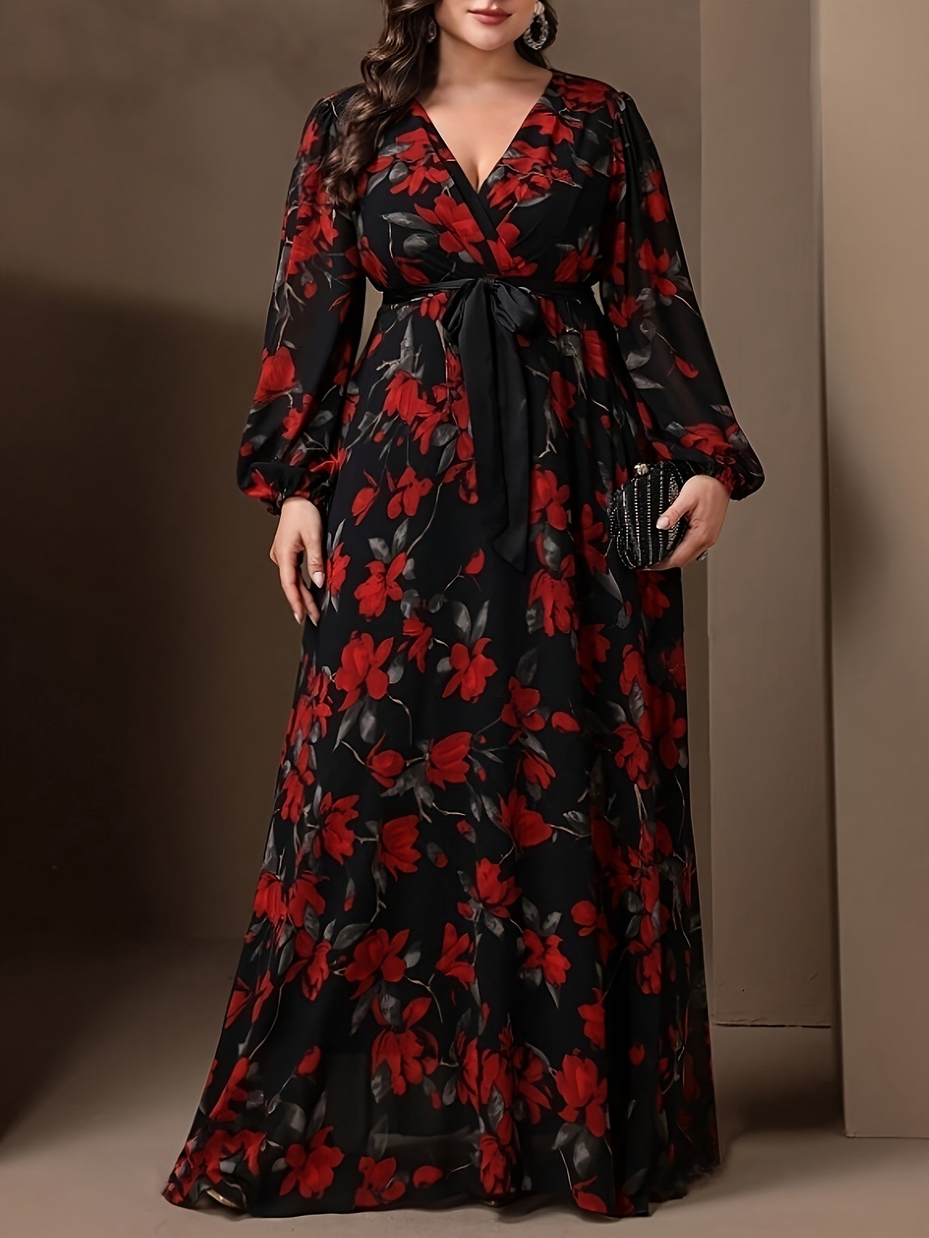 Elegant Plus Size Floral Print V-Neck Dress with Tie Waist, 100% Polyester Woven Fabric, Non-Stretch, Fitted Spring/Fall Maxi Dress