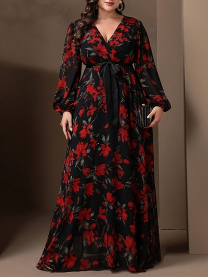 Elegant Plus Size Floral Print V-Neck Dress with Tie Waist, 100% Polyester Woven Fabric, Non-Stretch, Fitted Spring/Fall Maxi Dress