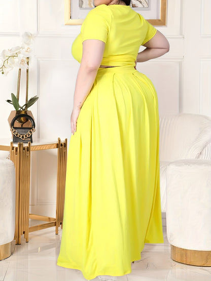 Plus Size Women's Solid Color Cross Tie Maxi Skirt Set, Casual Polyester Knit Dress with Short Sleeves, Round Neck, Pullover, Elastic Fabric, Fashionable Two-Piece Outfit