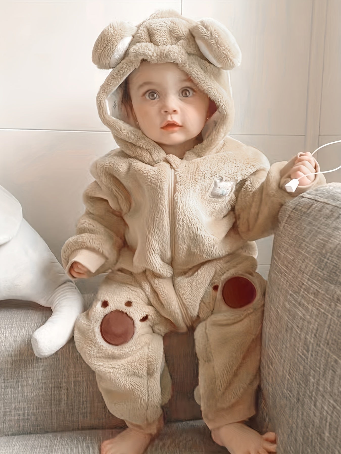 Bear Design Cute Hooded Jumpsuit For Baby Girls, Toddler Baby's Fleece Warm Long Sleeve Outdoor Outwear