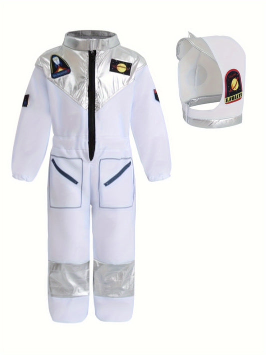 Boys Astronaut Character Clothing, White Jumpsuit And Helmet, Boys And Girls Party Clothes, Funny Space Suit For Halloween Party