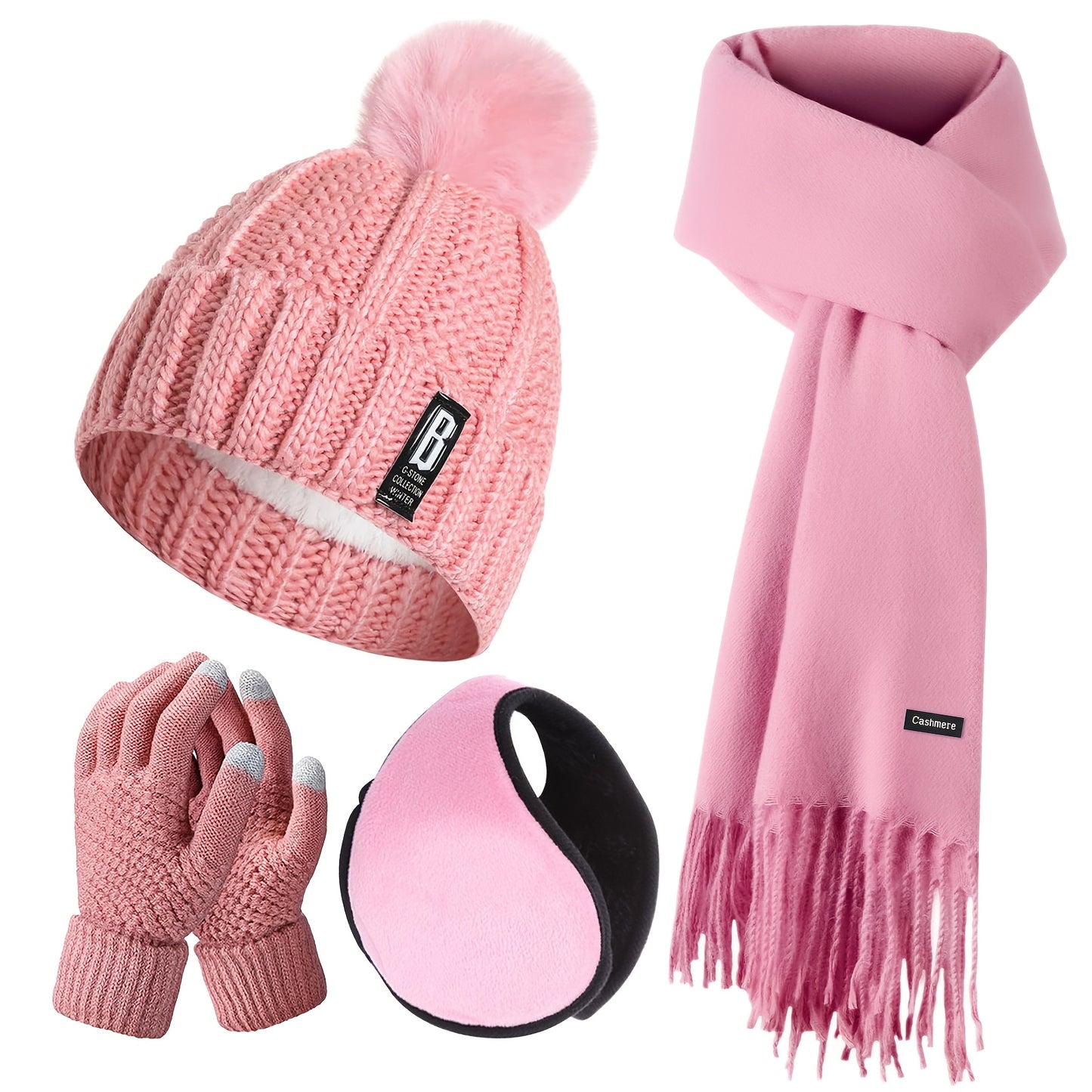 4pcs Winter Warm Accessory Set - Knitted Hat, Touch Screen-Compatible Mittens, Scarf, Ear Warmer - Polyester, Hand Washable, Simple Style - Ideal Gift for Adults, No Feather