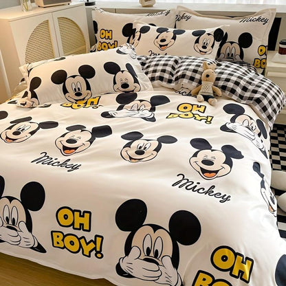 4pcs/set Mickey Mouse Cartoon Bedding Set Including 2 Pillowcases, 1 Duvet Cover, 1 Sheet, Kawaii Comfortable Durable Bedding for Bedroom & Dorm, Room Decor, House Supplies, Birthday Valentine Halloween Christmas Thanksgiving