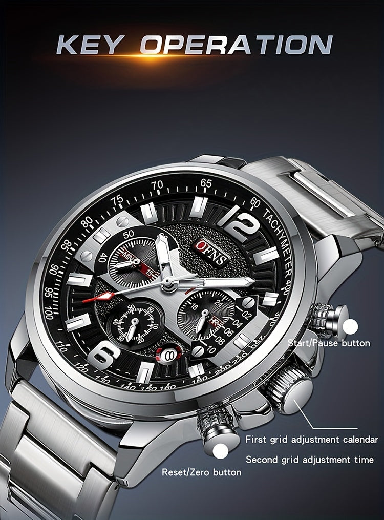 Reloj de moda popular OFNS para hombre, cronógrafo, resistente al agua hasta 50 metros, con calendario y luz nocturna, regalo para las fiestas.