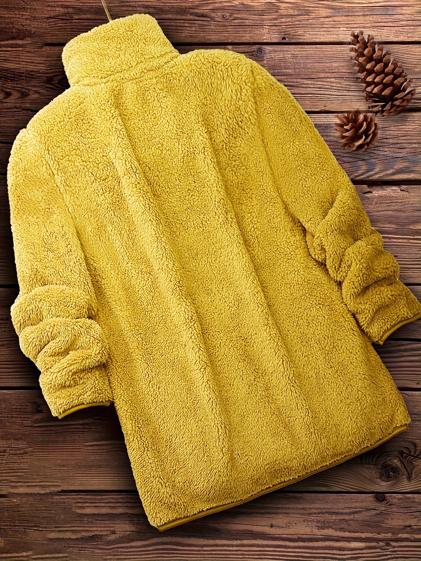Plus Size Solid Color Fuzzy Coat, Casual Zipper Front Long Sleeve Warm Outerwear For Fall & Winter, Women's Plus Size Clothing