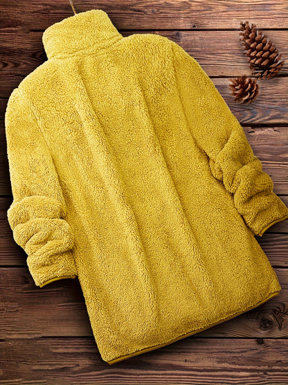 Plus Size Solid Color Fuzzy Coat, Casual Zipper Front Long Sleeve Warm Outerwear For Fall & Winter, Women's Plus Size Clothing
