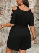 Plus Size Women's Elegant Off-Shoulder Jumpsuit - Stretchy Solid Black Romper with Round Neck, Short Sleeves & Waist Tie, Machine Washable Spring/Summer Casual to Dressy Outfit, Ladies Rompers And Jumpsuits, Seasonal Fashion,