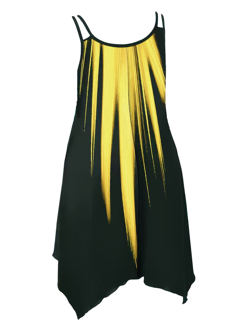 Plus Size Ombre Print Cami Dress, Vacation Style Asymmetrical Hem Sleeveless Crew Neck Dual Strap Dress For Spring & Summer, Women's Plus Size Clothing