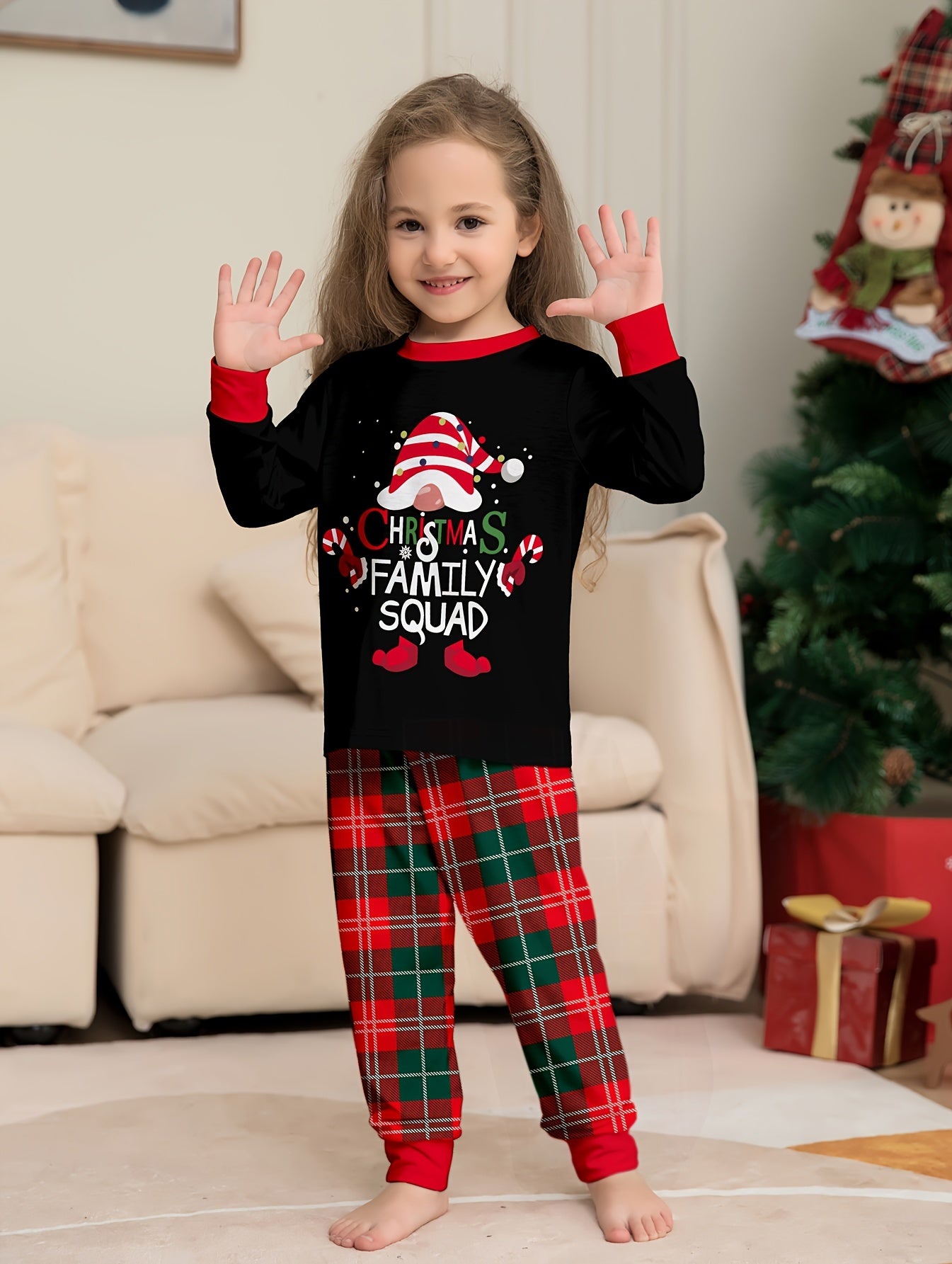 Cozy Youngsters' Christmas Pajama Set - Flame Retardant, Santa Hat & Mini Print, Long Sleeve Black Top with Red Plaid Pants, Cozy Loose Fit for Fall/Winter