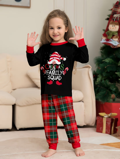 Cozy Youngsters' Christmas Pajama Set - Flame Retardant, Santa Hat & Mini Print, Long Sleeve Black Top with Red Plaid Pants, Cozy Loose Fit for Fall/Winter