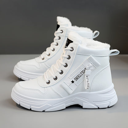 Women's Side Zipper Winter Thermal Snow Boots With Fleece Lining, Height Increased Thick-soled Platform Comfortable Lace-up Mid-tube Boots