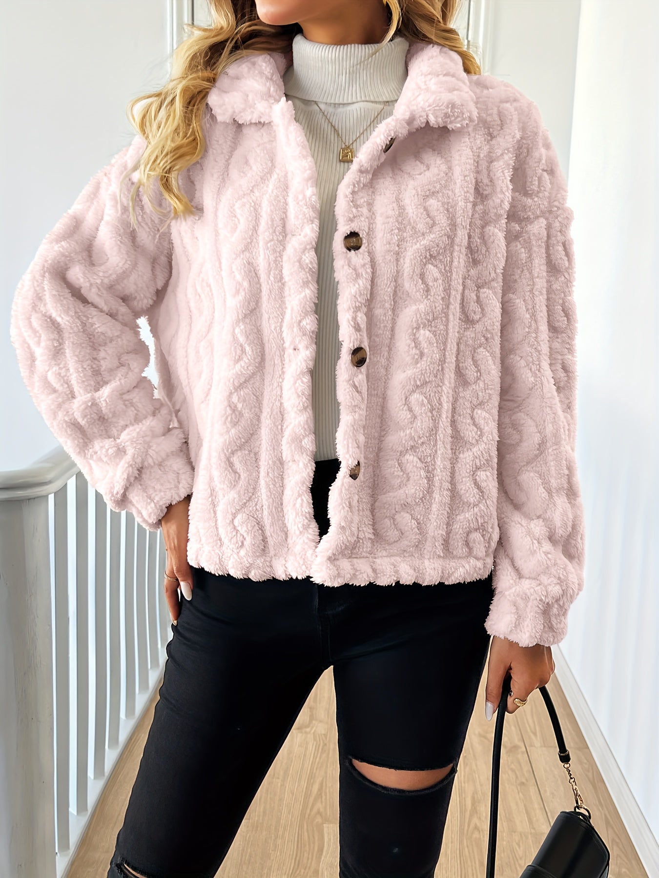 Abrigo elegante de piel sintética de manga larga para mujer, tejido de punto 100 % poliéster, color liso, abrigo de invierno para adulto.