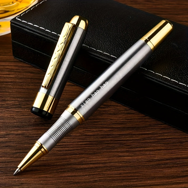 1pc Luxury Personalized Metal Ballpoint Pen Set with 2 Refills and Gift Box - Black & Silver, Engraved Name, Elegant Office and Business Men'S Gift