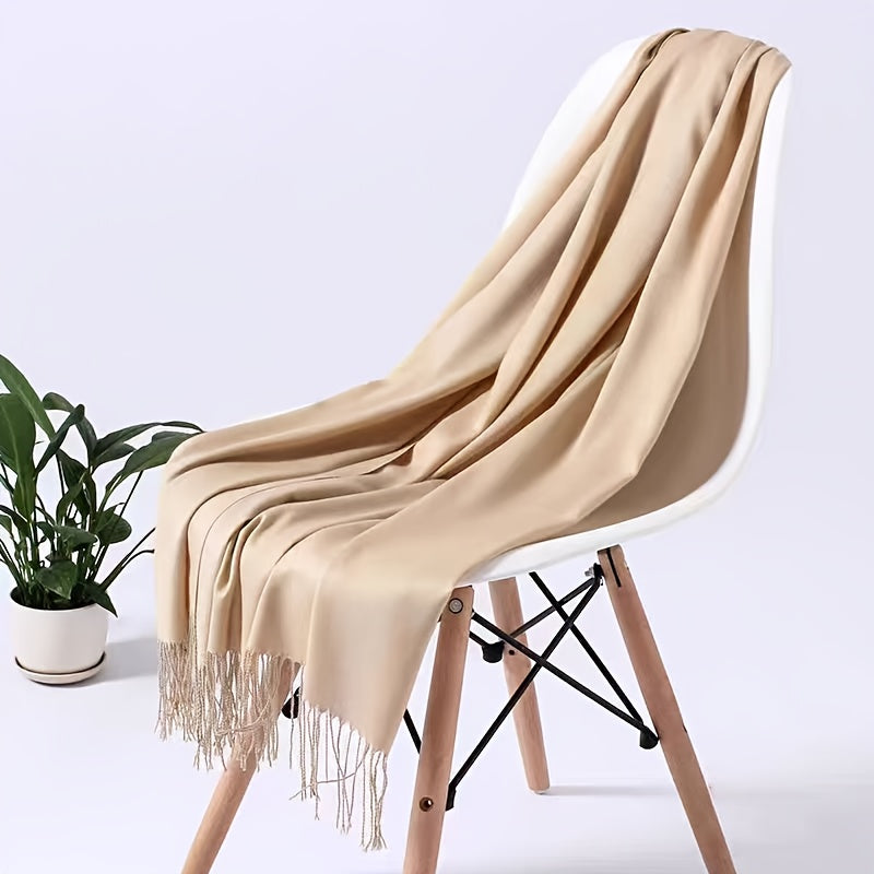 1pc Elegant and simple plain tassel long scarf with warm and versatile thin fabric, suitable for daily wear in all seasons, can also be used as a lady's air-conditioning shawl