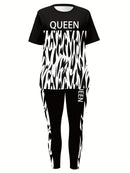 Plus Size Queen Letter Print Two-piece Set, Crew Neck Short Sleeve Top & Pants Outfits, Women's Plus Size Clothing