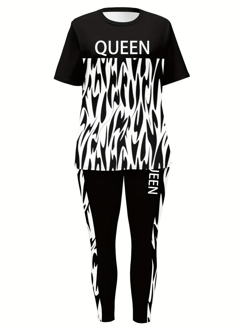 Plus Size Queen Letter Print Two-piece Set, Crew Neck Short Sleeve Top & Pants Outfits, Women's Plus Size Clothing