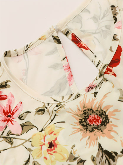 Floral Print Crew Neck Dress, Elegant Half Sleeve Maxi Swing Dress For Spring & Summer, Women's Clothing