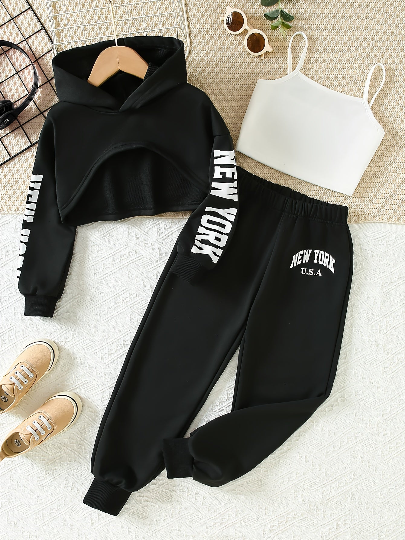 Girls' 3pcs Fashion Outfit, Short Hoodie and Tank Top with Athletic Pants Set, New York Print Casual Long Sleeve Top, Kids Spring/Summer/Autumn/Winter Clothing, Knitted Fabric, Stretchy, Letter Pattern, Regular Fit, Polyester