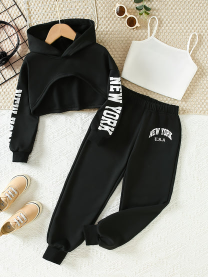 Girls' 3pcs Fashion Outfit, Short Hoodie and Tank Top with Athletic Pants Set, New York Print Casual Long Sleeve Top, Kids Spring/Summer/Autumn/Winter Clothing, Knitted Fabric, Stretchy, Letter Pattern, Regular Fit, Polyester