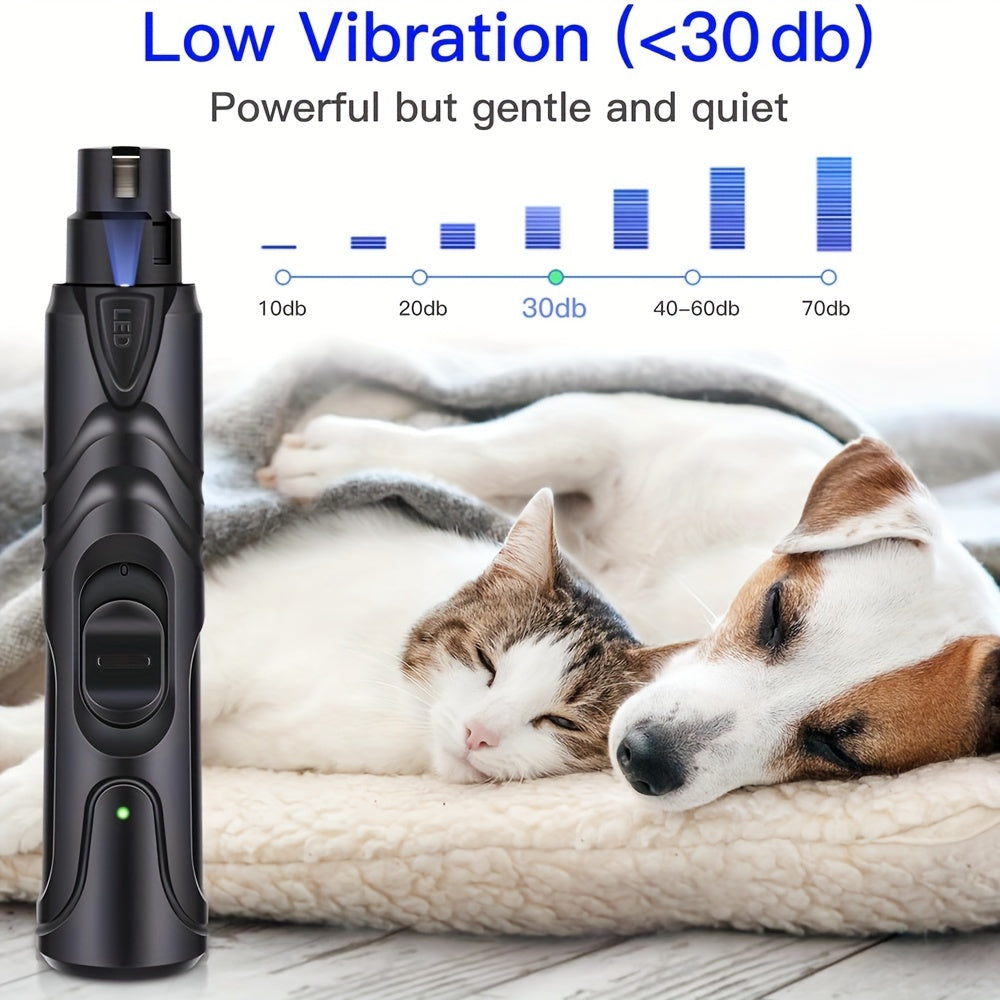 Amoladora de uñas LED silenciosa para perros: recargable, indolora, con 2 velocidades y ruedas para razas grandes.