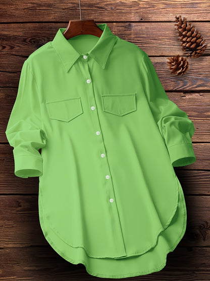 Blusa de talla grande con dobladillo curvo, informal, con cuello abotonado para primavera, ropa de talla grande para mujer.