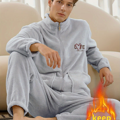 Conjunto de pijama de hombre con camiseta y pantalón de franela con bordado de letras, cuello alto, cremallera y manga larga para otoño e invierno.
