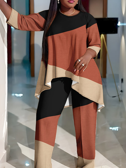 Plus Size Casual Co-ord Set for Women - Polyester Knit Fabric with Medium Stretch, American Style Color Block Print, Crew Neck, 3/4 Sleeve Pullover with Long Pants, Middle Eastern Collection