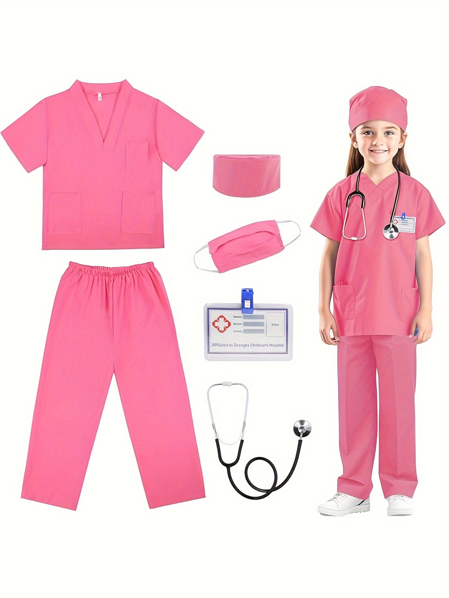 Conjunto de 6 trajes de médico de imitación para niño, camiseta de manga corta, pantalones y accesorios, ideal para Halloween, fiestas de cumpleaños, presentaciones escolares y como regalo.