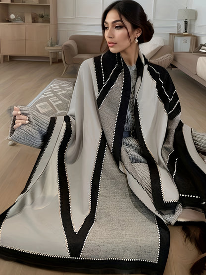 Plus Size Geometric Pattern Large Scarf, Soft Cozy Color Block Linen Shawl For Fall & Winter, Women's Plus Size Clothing