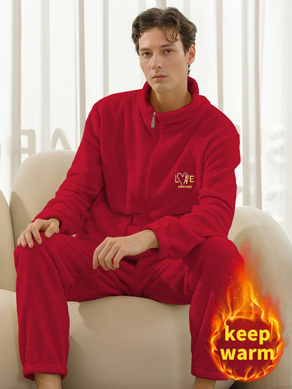 Conjunto de pijama de hombre con camiseta y pantalón de franela con bordado de letras, cuello alto, cremallera y manga larga para otoño e invierno.