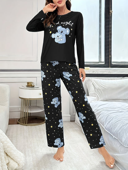 Conjunto de 2 piezas de ropa para el hogar con dibujos de animales pequeños y letras para niñas de otoño e invierno.