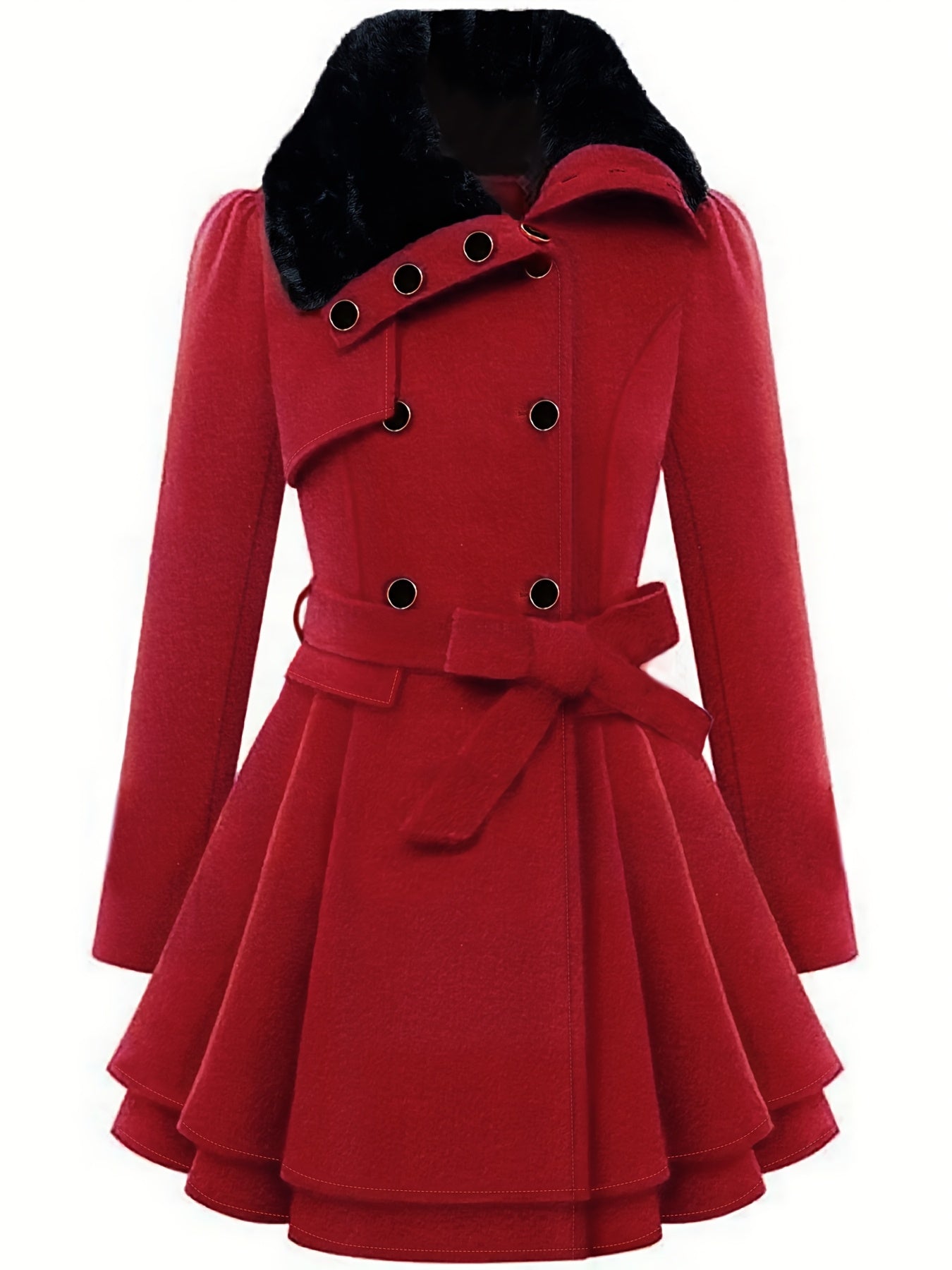 Chic Plus Size Women's Winter Coat - Casual Solid Color, Faux Fur Trim, Button-Up with Belt & Pockets, Machine Washable