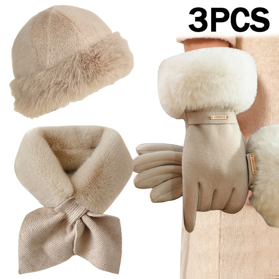 Winter Warmth Set for Women - 3pcs Fashionable Gloves, Scarf, and Hat Combo, Thick Fleece Lining, Perfect for Cold Weather & Outdoor Activities, Ideal Christmas or Valentine's Gift