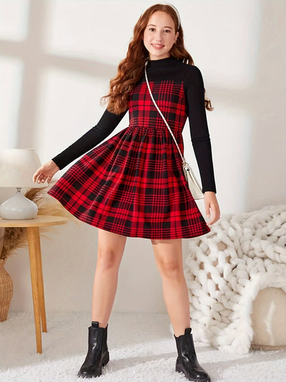 Children's Plaid Dress with Long Sleeves, Color Block Knit Fabric, Casual Fit, Polyester, Mid-Stretch, for Kids - Autumn/Winter Collection