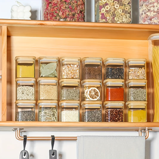 12pcs Glass Spice Jars Set with Natural Bamboo Lids, Airtight Square Jars with Waterproof Sticker Labels, Food Storage Containers, Empty Small Spice Jars for Spices, Salt, Sugar