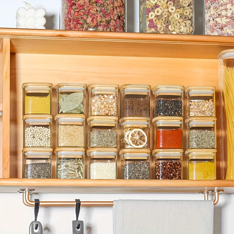 12pcs Glass Spice Jars Set with Natural Bamboo Lids, Airtight Square Jars with Waterproof Sticker Labels, Food Storage Containers, Empty Small Spice Jars for Spices, Salt, Sugar