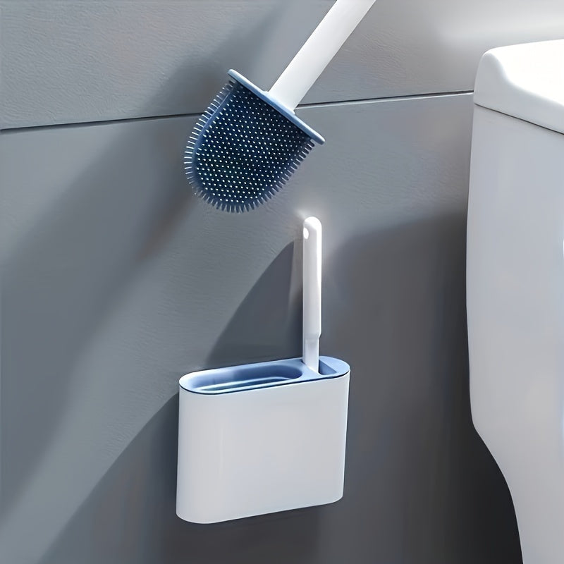 Wall-Mounted Toilet Brush Set, Silicone-Headed Bathroom Cleaning Kit, Space-Saving Long Handle Toilet Cleaner, Ergonomic Design, with 2 Brushes & Holder, for No Electricity Needed, Ideal for Living Room, Bathroom, Toilet, Kit